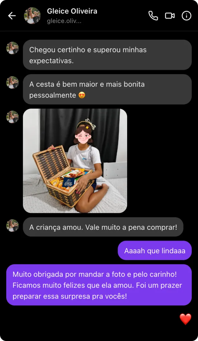 Depoimento no Instagram: chegou certinho e superou minhas expectativas — a cesta é bem maior e mais bonita pessoalmente, a criança amou